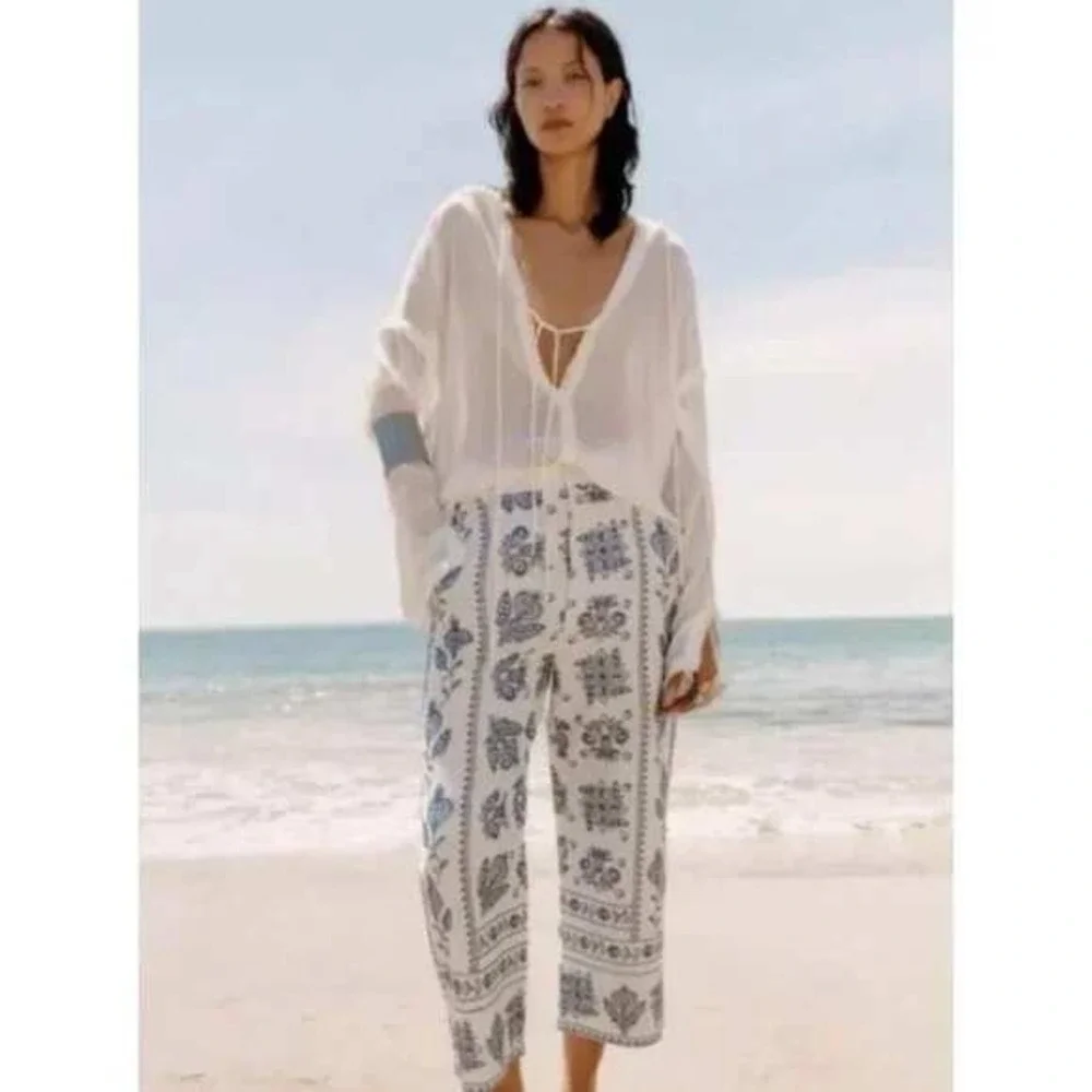 Zara Linen Embroidered Culottes Wide Leg Ankle Pants Ecru Cream Blue XS